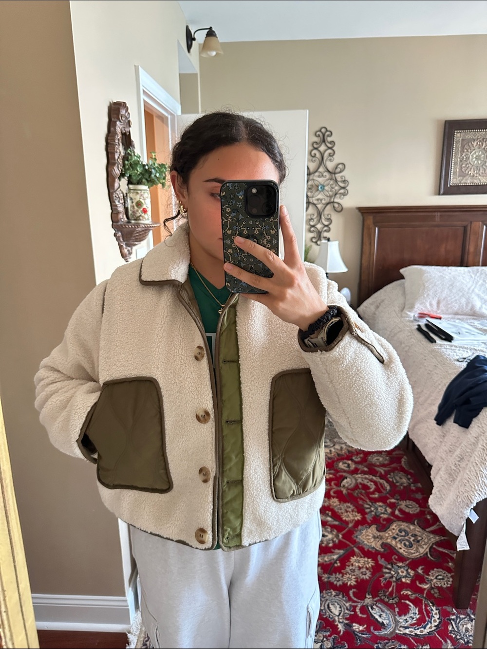 Blank NYC Cream Sherpa Jacket with Olive Trim